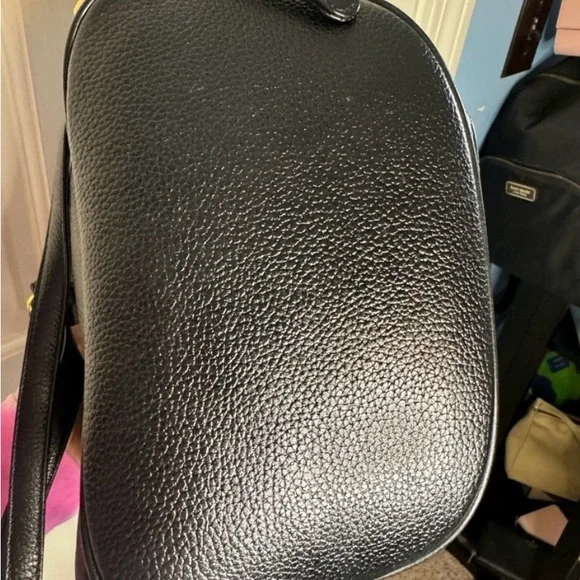 MCM Gold Studded Logo Black Pebbled Leather Backpack Tasseled Drawstring - Picture 8 of 15